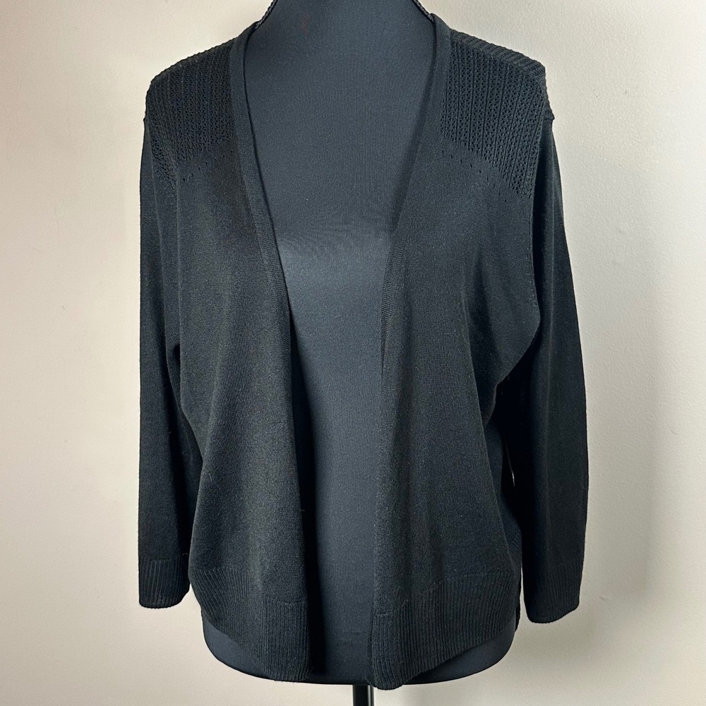Tribal Black Cardigan Sweater Lace Up Back Detail Open Front Knit‎ Sz L